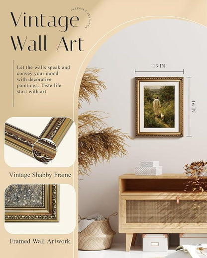InSimSea Gold Framed Canvas Wall Art Room Decor Christian Jesus Wall Decor for Prayer Room Jesus and Lamb Oil Printing Artwork for Living Room Bedroom Church Home Office 16×13in