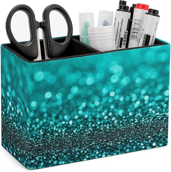 Fashion Desk Pen Holder PU Leather Desk Organize Decor, Makeup Brush Storage Teal Turquoise Green Glitter Sparkle Texture
