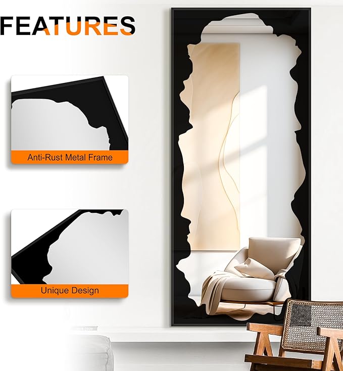 Full-Length Mirror Free Standing Leaning Mirror with Artistic Black Abstract Overlay Deco, 70"x30" Shatterproof Wall-Mounted Mirror, Perfect for Living Room, Bedroom, Cloakroom, and Bathroom Decor