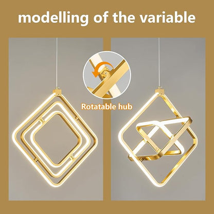 Modern LED Pendant Light Gold Pendant Lights 4000K 35W Dimmable Height Adjustable Pendant Lighting Rectangle Chandelier for Kitchen Island Dining Room Bedroom Living Room Foyer（3-Ring）
