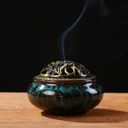 Censer Sky Blue Incense Burner with Calabash Incense Stick Holder - Porcelain Charcoal Censer for Use with Resin Granular Powder Cone or Coil Incense (Blue Fambe)