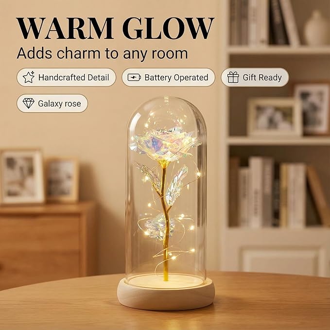 Preserved Fresh Flower in Glass Dome with LED Lights, Gold Stem Rose with Wooden Base, Romantic Home Decor Gift for Valentine's Day (A golden rose as a gift for mom or your lover)