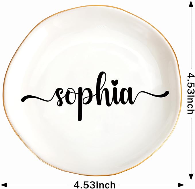 JoycuFF Sophia Personalized Name Ceramic Jewelry Tray, Mothers Day Christmas Anniversary Engagement Birthday Gifts for Women Couples, Trinket Dish for Rings Earrings Necklaces Bracelets Keys
