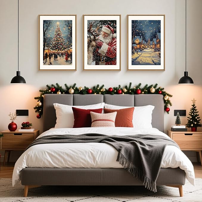 Aryroi Large Enchanting Christmas Framed Canvas Wall Art Set,Santa Claus Reindeer Wall Decor,Magical Glowing Christmas Tree Artwork,Winter Snowy Village Art Print for Living Room,Bedroom- 16"x24"x3