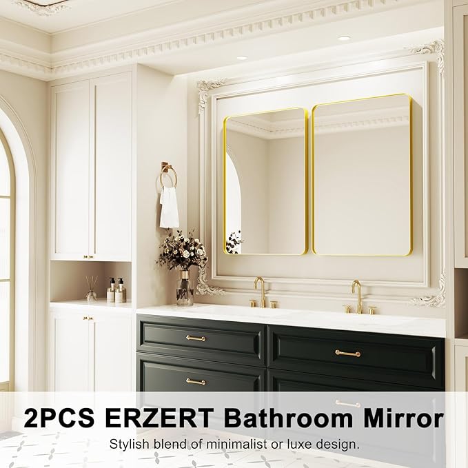 Bathroom Mirrors for Over Sink,2Pcs 24x36Inch Vanity Mirrors for Wall,Gold Metal Frame Rectangle Mirrors for Bathroom, Farmhouse,Restroom,Hangs Horizontally or Vertically