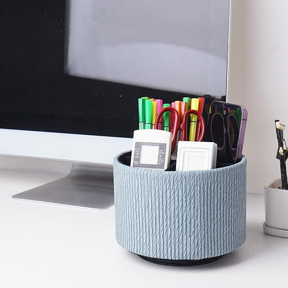 Round Leather Art Supply Organizer,Remote Control Holder,360 Degree Spinning,Multi-Functional Pencil Holder,4 Compartments Desktop Stationary Organizer(1-Wood Blue)