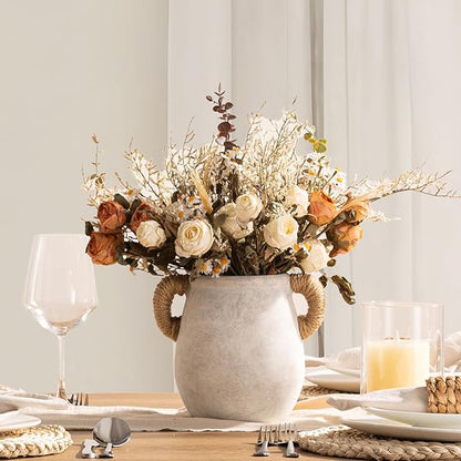 Ceramic Flower Vase Home Decor - 7.1 Inch White Rustic Table Flowers Vases Living Room Bedroom Plant Decoration Modern Farmhouse Vintage for Kitchen Shelf Office Coffee Dining Desk House Women