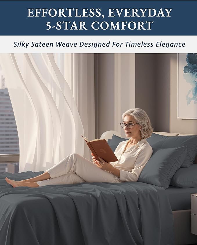 100% Egyptian Cotton Sheets Queen Size Set – Silky Sateen Weave for Winter Comfort, 15" Secure Fit Deep Pocket Queen Sheet Set, Breathable, Hotel-Quality Soft Luxury You Can Feel - Swiss Dot Charcoal