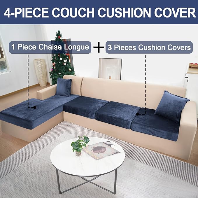 Sectional Couch Covers for 4-Piece Seat Cushion Velvet Separate L Shape Couch Cover Stretch Sofa Slipcover with 2 Pieces Pillowcases Furniture Protector (Sofa 3 Seater + 1 Chaise, Navy)
