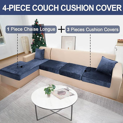 Sectional Couch Covers for 4-Piece Seat Cushion Velvet Separate L Shape Couch Cover Stretch Sofa Slipcover with 2 Pieces Pillowcases Furniture Protector (Sofa 3 Seater + 1 Chaise, Navy)