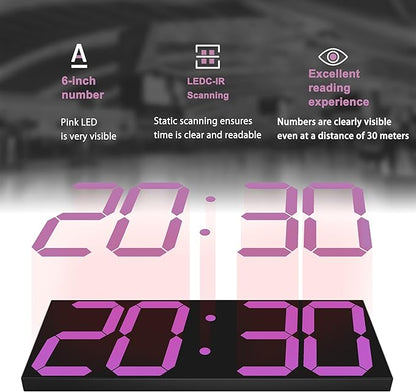 LED Large Digital Wall Clock, Oversize Wall Clock with 6” Numbers, Remote Control Count up/Countdown Timer Clock, Auto Dimmer, Big Calendar and Thermometer(Purple)