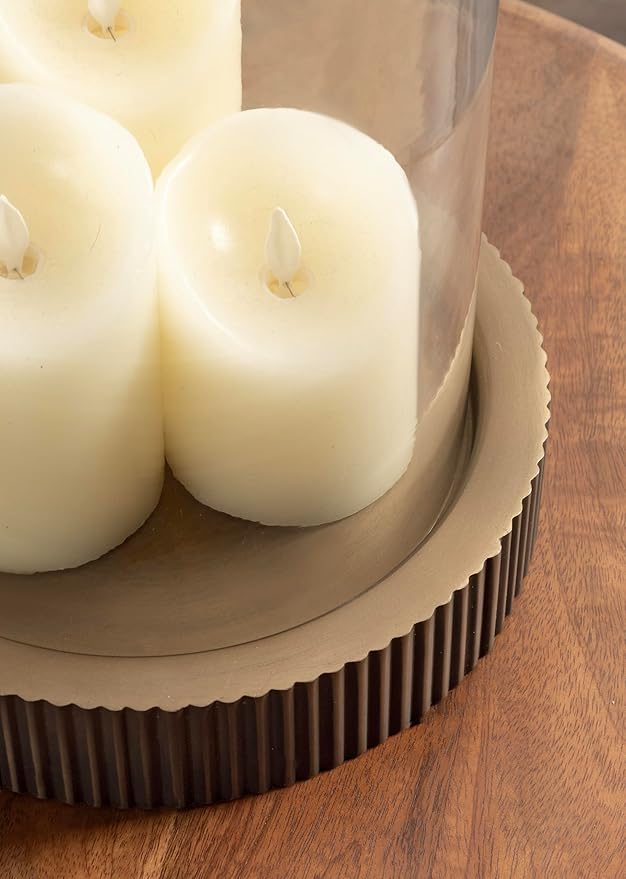 Kate and Laurel Rooks Modern Large Metal Pillar Candle Holder with Hurricane, 10 Inch Diameter, Antique Brass, Transitional Ribbed Oversized Hurricane Candle Holder with Glass Cylinder for Living Room