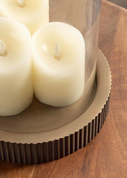 Kate and Laurel Rooks Modern Large Metal Pillar Candle Holder with Hurricane, 10 Inch Diameter, Antique Brass, Transitional Ribbed Oversized Hurricane Candle Holder with Glass Cylinder for Living Room