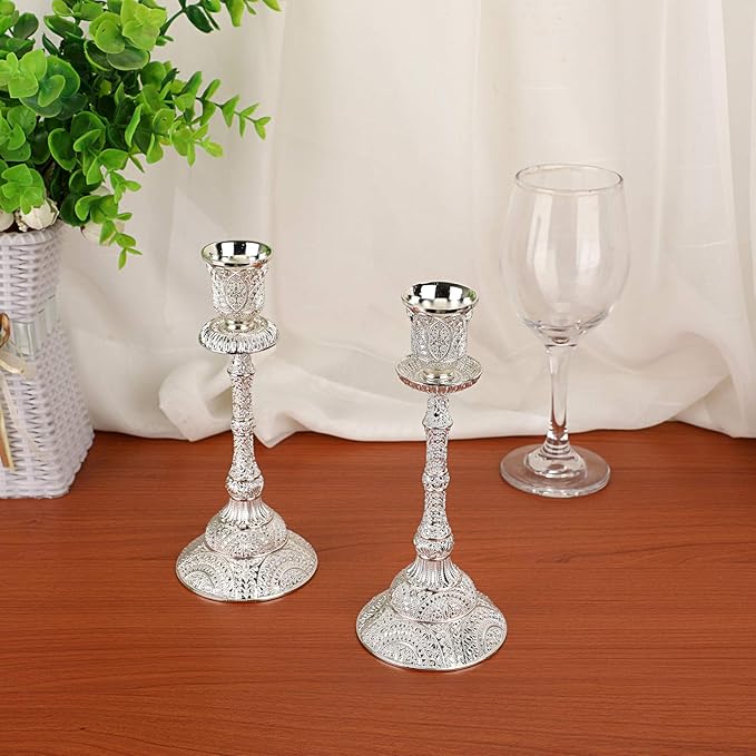 OwnMy Set of 2 Taper Candle Holders Vintage Metal Pillar Candlestick Holders 7.4”, Elegant Brass Candle Stick Holders Decor Candelabra Set for Dining Table Centerpieces Wedding Home Decoration, Silver