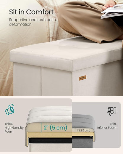 SONGMICS Mazie Collection - 43 Inches Storage Ottoman, Foldable Storage Bench with Flipping Lid, 660 lb Load Capacity, for Entryway, Living Room, Bedroom, Velvet Fabric, Cream White ULSF078LH01