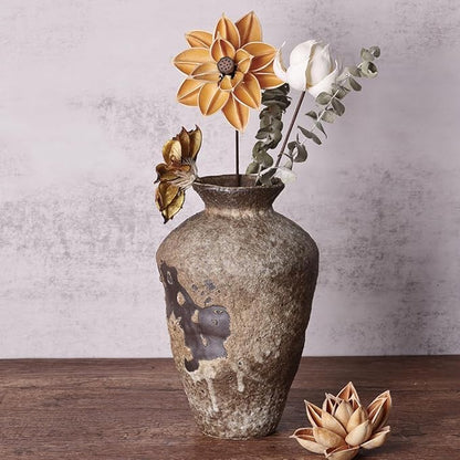 Wabi Sabi Decor Rusty Vintage Vase - 8.7" Tall Rustic Farmhouse Wabi Sabi Vase for Centerpiece, Pottery Stone Flower Vases for Home Decor, Table, Living Room, Bedroom, Bathroom, Kitchen (Rusty Stone)