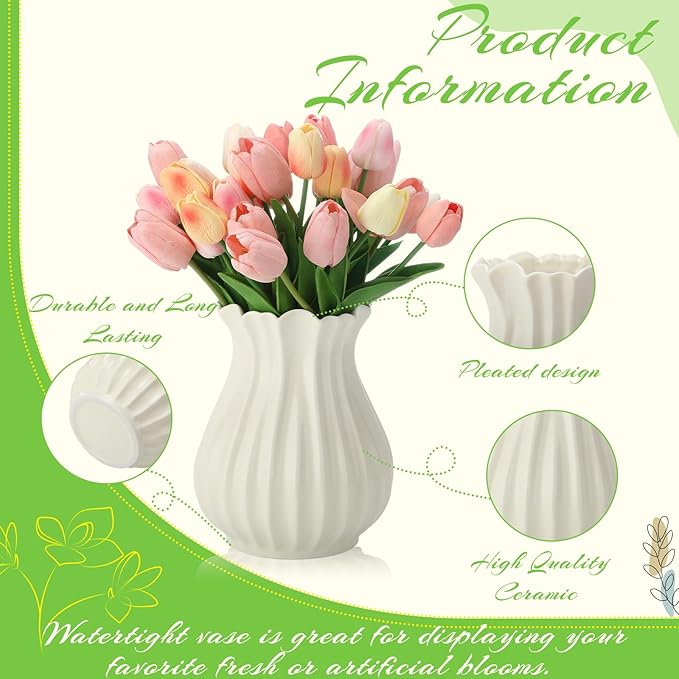 Large White Vintage 9 Inch Pleated Ceramic Vase Sour Cream Stylish Decorative Flower Vase for Bouquet Home Farmhouse Living Room Cabinet Table Centerpieces Kitchen Shelf Wedding Decorations