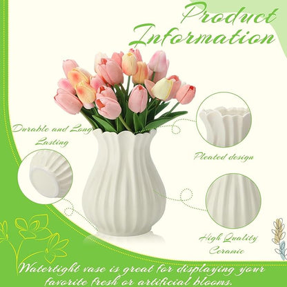 Large White Vintage 9 Inch Pleated Ceramic Vase Sour Cream Stylish Decorative Flower Vase for Bouquet Home Farmhouse Living Room Cabinet Table Centerpieces Kitchen Shelf Wedding Decorations