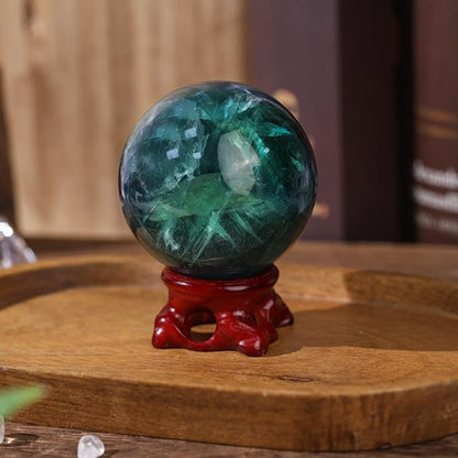 moonsix Natural Fluorite Crystal Sphere with Resin Stand Healing Energy Stone Decorative Ball Sculpture for Home Office Tabletop, 61-70 mm