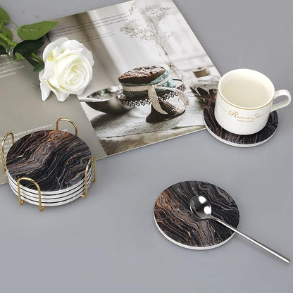 6 Pcs Black Ceramic Stone Modern Coasters with Holder Best Absorbent Drink Coasters Round Ceramic Table Coasters Set Best Coffee Table Ceramic Coaster Set