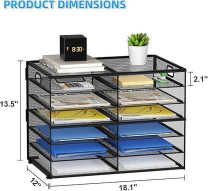 Lavatino 12 Compartments Paper Organizer for Desk, Mesh Literature Organizer, Mail File Sorter Tray with Handle, Desktop Mailbox for Office Classroom Home, Black