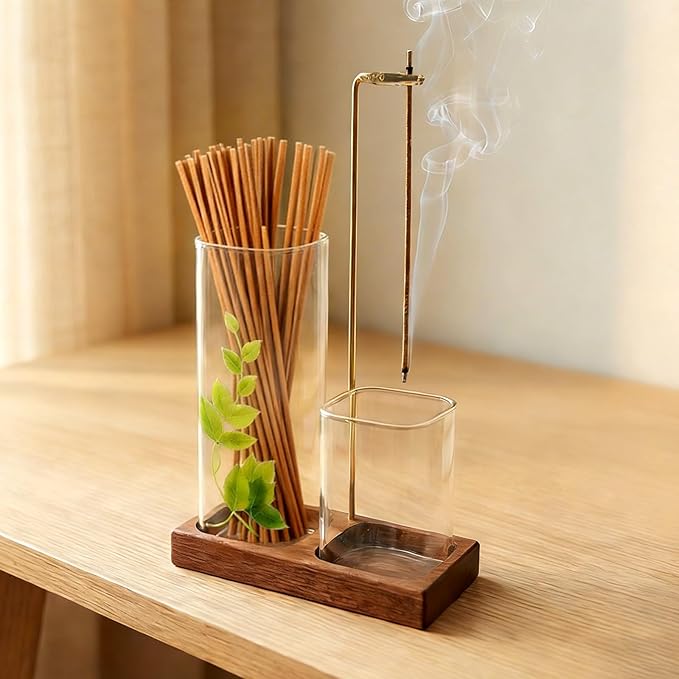 Incense Holder for Sticks, Incense Burner with Glass Ash Catcher, Incense Sticks Storage and Anti-Ash Flying, for Yoga Spa Meditation Home Decor Office