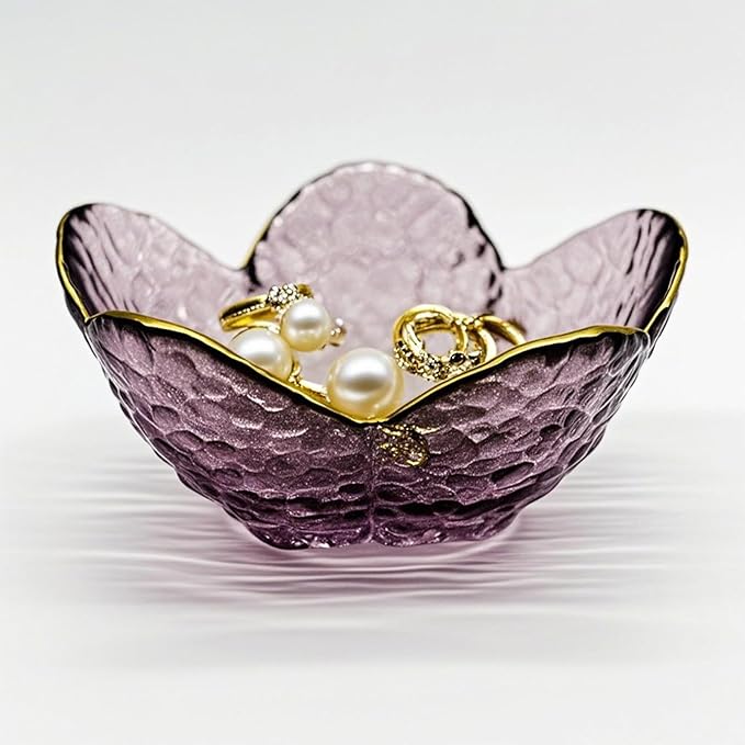 Purple Glass Jewelry Dish Tray, Birthday Gifts for Mom, Crystal Ring Holder for Women, Small Flower Ring Dish Jewlery Plate, Engagement Trinket Jewelry Tray, Nightstand Decor Jewerly Bowl
