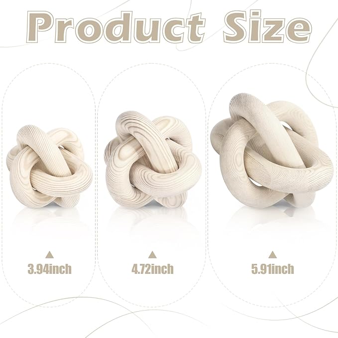 3 Pack Wooden Knot Decorations 3 Color Set Coordinated Boho Nautical Home Decor for Shelf, Wall, Tabletop, Sizes 3.94", 4.72", 5.91" (Nature)