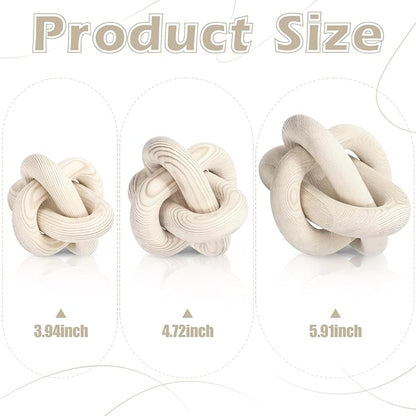 3 Pack Wooden Knot Decorations 3 Color Set Coordinated Boho Nautical Home Decor for Shelf, Wall, Tabletop, Sizes 3.94", 4.72", 5.91" (Nature)