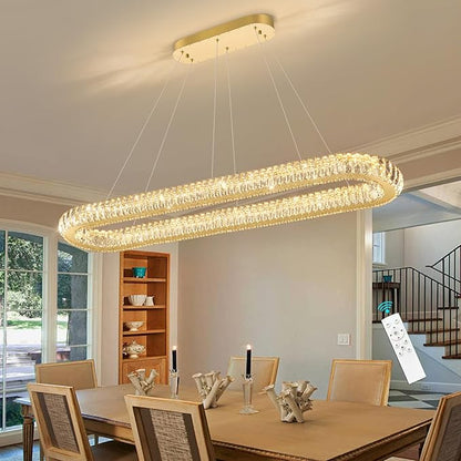 LED Oval Ring Chandelier Crystal Pendant Lighting for Dining Table Kitchen Island Remote Dimmable Hanging Light Chandeliers for Entryway Living Room Lights Gold