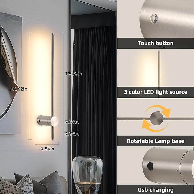 Battery Operated Wall Sconces with Remote, Dimmable 3000K-6000K/Timer/Memory LED Wall Lamp, 350°Rotate, USB Rechargeable Wireless wall lights for Living Room, Bedroom Brushed Nickel 23.6" (2 Pack)