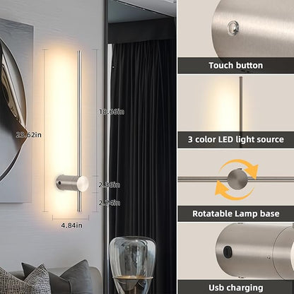 Battery Operated Wall Sconces with Remote, Dimmable 3000K-6000K/Timer/Memory LED Wall Lamp, 350°Rotate, USB Rechargeable Wireless wall lights for Living Room, Bedroom Brushed Nickel 23.6" (2 Pack)
