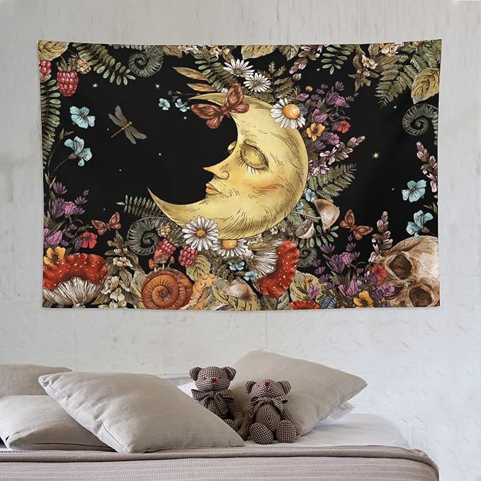Boho Moon Tapestry Wall Hanging,Vintage Sun and Moon Skull Hippie Mushroom Floral Plant Tapestries for Dorm Living Room Bedroom Decor(60"x90")