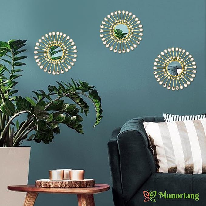 Gold Mirrors - Sunburst Christmas Wall Art, Decorative Round Mirrors for Christmas Bedroom, Living Room, Bathroom, Kitchen, Entryway, Hallway - Set of 3