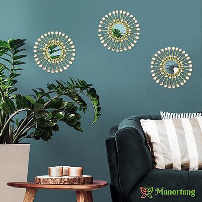 Gold Mirrors - Sunburst Christmas Wall Art, Decorative Round Mirrors for Christmas Bedroom, Living Room, Bathroom, Kitchen, Entryway, Hallway - Set of 3