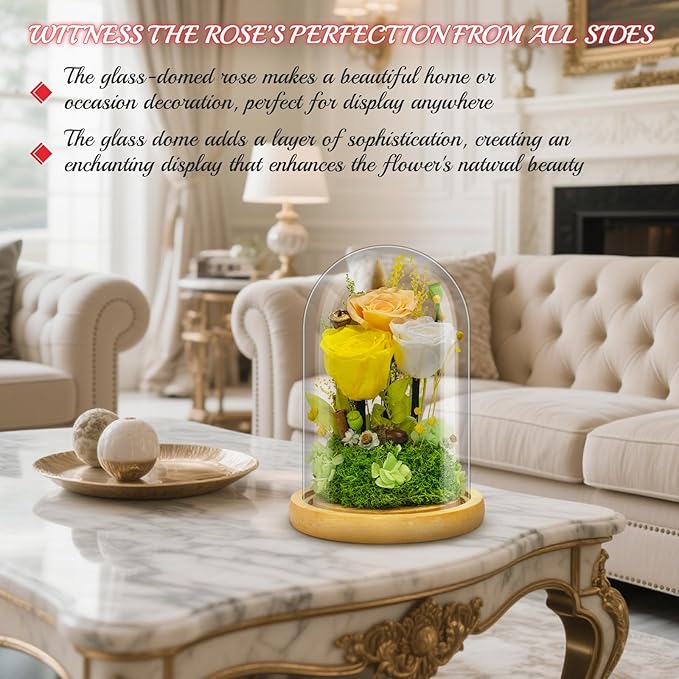 Preserved Flowers Gifts for Women Eternal Rose In Glass Dome Light Up Flower Real Rose Eternal Flowers for Decoration Long Lasting Forever Preserved Glitter Roses Unique Gift on All Occasions(Yellow)