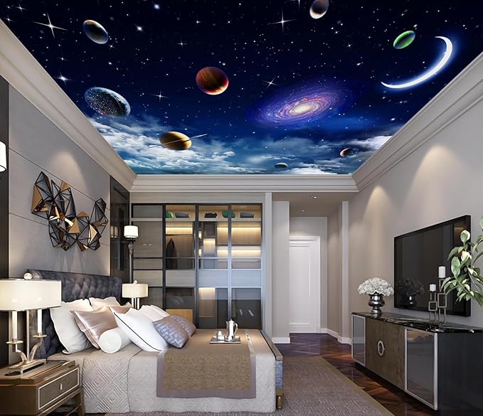 Galaxy Planet Wallpaper Blue Sky Stars Moon Ceiling Wall Mural for Living Room Bedroom（Not Peel and Stick）