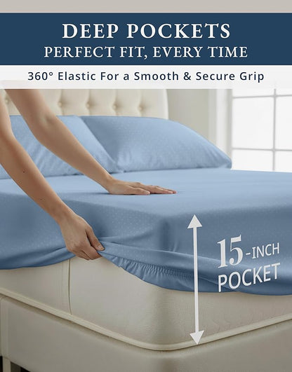 LANE LINEN Luxury Hotel Style 100% Egyptian Cotton Bed Sheets King Size, Mercerized Cotton, Sily Finish, No Pill Fade Resistant King Bedding Sheets & Pillowcases Jaquard Swiss Dot - French Blue