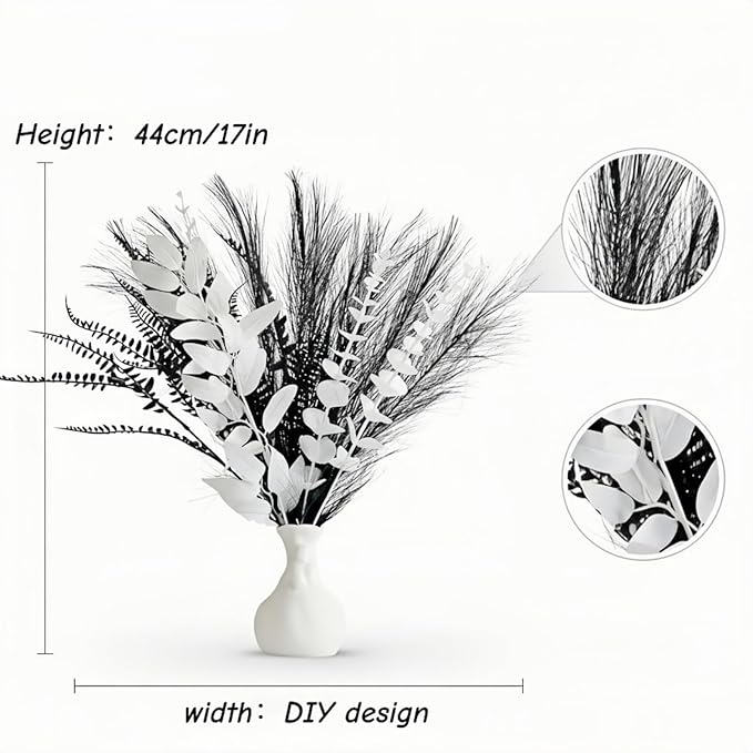 Modern Artificial Flower Arrangement, 17-Inch Black and white Faux Eucalyptus and Grass Bouquet, Minimalist Nordic Home Decor, Suitable for Fireplaces, Dining Tables, offices, (Vase Not Included)