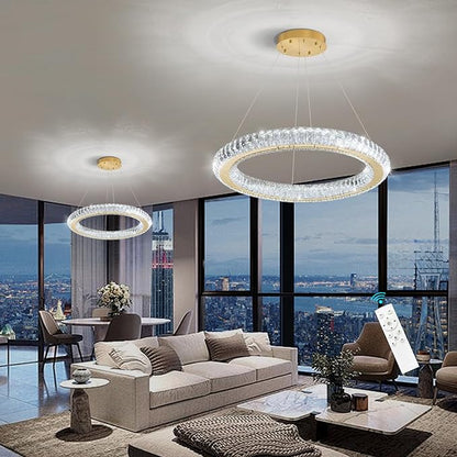 Crystal Ring Chandelier Gold Modern LED Pendant Lights for Dining Room Remote Dimmable Hanging Light Kitchen Island Entrance Bedroom Lighting Chandeliers