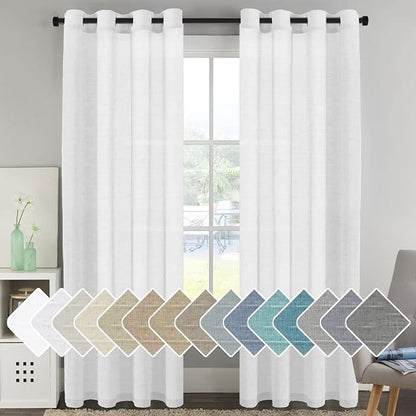 H.VERSAILTEX White Natural Linen Curtain Panels Energy Efficient Semi - Sheers Linen Curtains/Nickel Grommet Window Treatments Panels/Drapes (Set of 2, 52 by 96 Inch, Pure White)
