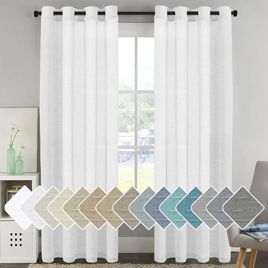 H.VERSAILTEX White Natural Linen Curtain Panels Energy Efficient Semi - Sheers Linen Curtains/Nickel Grommet Window Treatments Panels/Drapes (Set of 2, 52 by 96 Inch, Pure White)