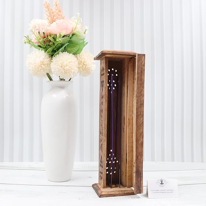 Hosley Hand-Carved Wooden Incense Stick Holder Tower – Tall Decorative Burner Box with Hinged Door for Aromatherapy, Meditation, Yoga, Home & Office Décor (Includes 20 Incense Sticks)