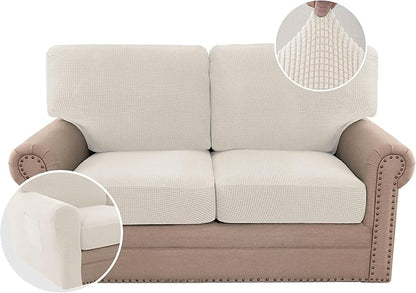 H.VERSAILTEX Multi-Pieces Sofa Covers Stretch Couch Covers Form Fitted Seats and Back Cushions Covers (2 Seat Covers Plus 2 Back Cusion Covers, Bonus 2 Armrest Covers), Ivory