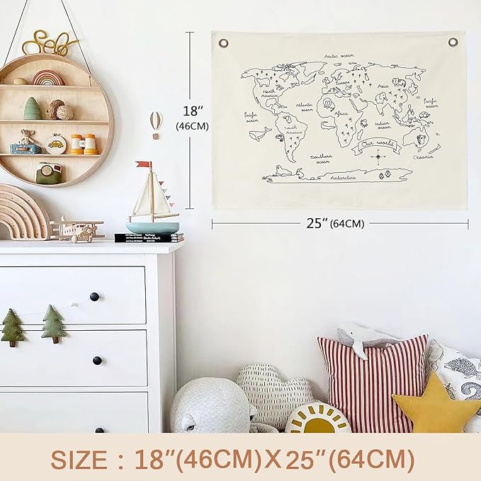 Canvas Banner Hanging Flag Banner for Nursery and Playroom Wall Décor for Kids Trendy Room Décor for Boys and Girls (Map)