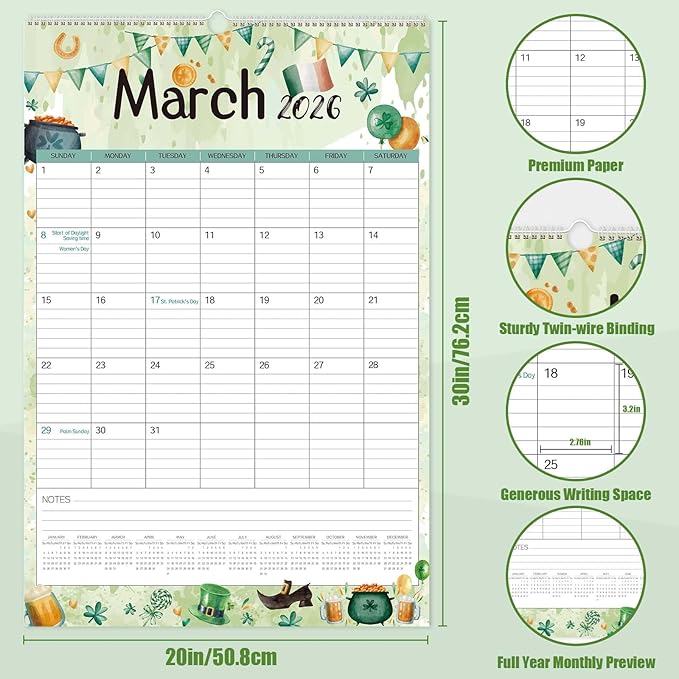 Guasslee 2026 Large Wall Calendar,20"x 30" Vertical Jumbo Hanging Wall Planner,18 Monthly Calendar from Jan. 2026 to Jun. 2027 with Lines,Spiral Binding and Notes for Easy Organizing