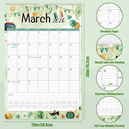 Guasslee 2026 Large Wall Calendar,20"x 30" Vertical Jumbo Hanging Wall Planner,18 Monthly Calendar from Jan. 2026 to Jun. 2027 with Lines,Spiral Binding and Notes for Easy Organizing