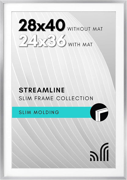Americanflat 28x40 Poster Frame with Polished Plexiglass - Use as 24x36 Frame with Mat or Display 28x40 Photo Without Mat - Streamline Collection - Thin Border Picture Frames for Wall - Silver