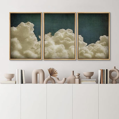 MUDECOR Framed Wall Art Print Set Vintage Cloudscape Dreamy Cotton Clouds Illustrations Modern Art Decorative Colorful Chic for Living Room, Bedroom, Office - 24"x36"x3 Natural