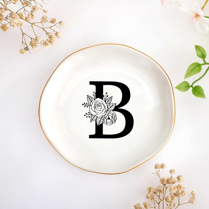 JoycuFF Initial B Ceramic Jewelry Tray, Bridesmaid Bride Gifts, Mothers Day Christmas Anniversary Engagement Birthday Gifts for Women Couples, Trinket Dish for Rings Earrings Necklaces Bracelets Keys
